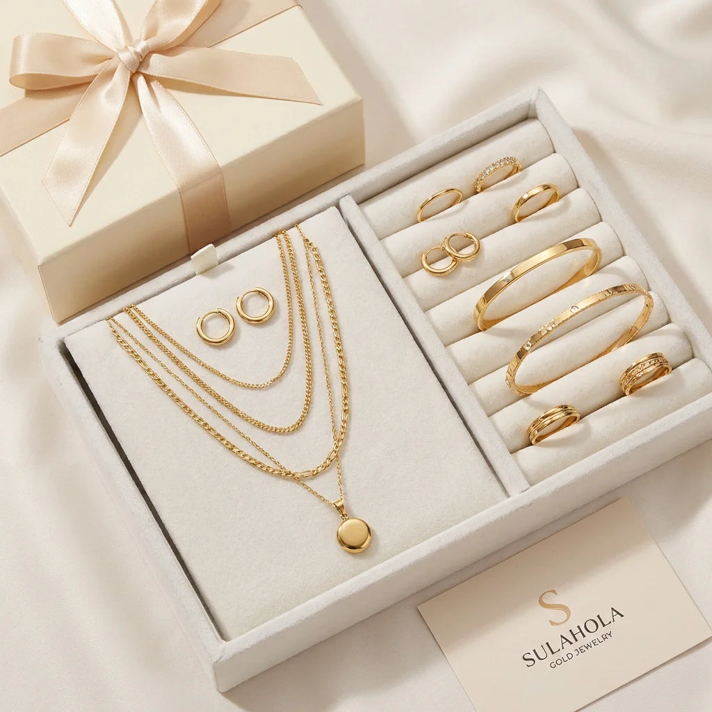 Complete jewelry set flat lay